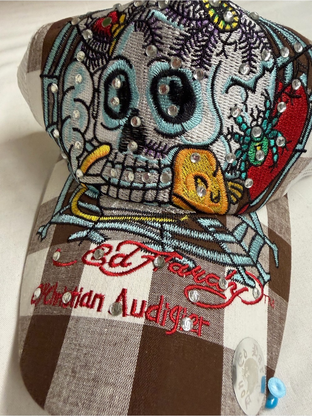 Ed Hardy Brown Plaid Embroidered Skull Baseball Cap